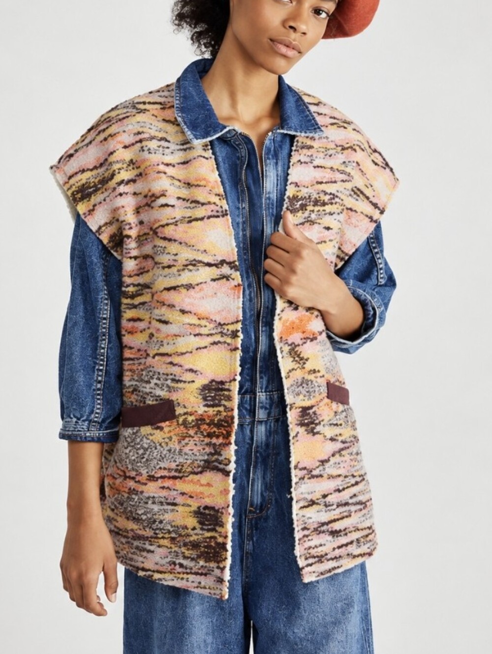 Free People Layer Up Vest Reversible Wool Blend Sherpa Oversized Aztec Boho Sz M